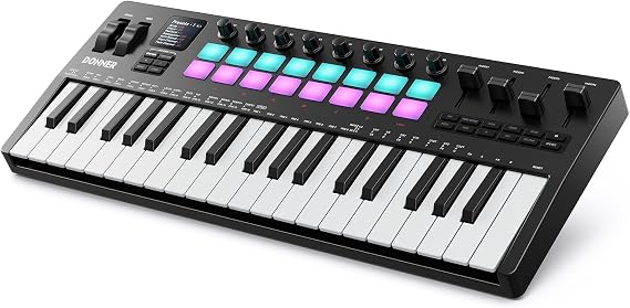 Donner STARRYKEY-37 PLAY MIDI Keyboard Controller, 37 Key Portable MIDI Controller with 128 Build-in Voices, 16 Drum Pads, Arpeggio, Sequencer, USB Wireless Connection, 4 DAW Software, 40 Courses