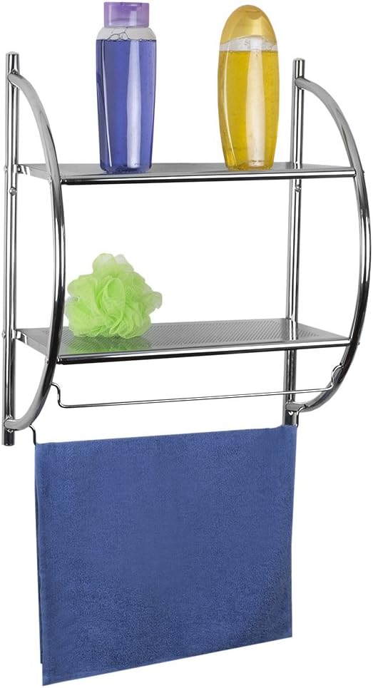 Home Basics 2 Tier Wall Mounting Chrome Plated Steel Bathroom Shelf with Towel Bar