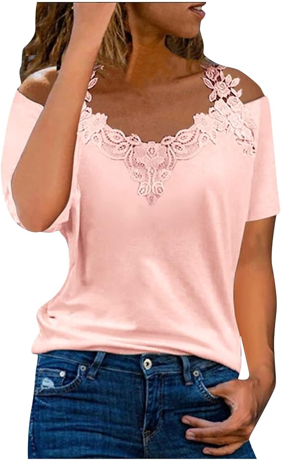 Summer Tops for Women 2026 Lace Crochet Cold Shoulder Shirts Trendy Short Sleeve Tunic Tops Dressy Casual Blouses