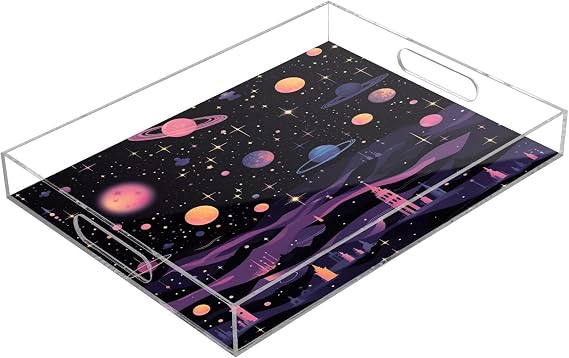 Planets Serving Tray, Clear Acrylic Decorative Tray - Sturdy Huge Capacity Serving Platters/Kitchen Countertop Tray/Vanity Table Tray 12"x16"