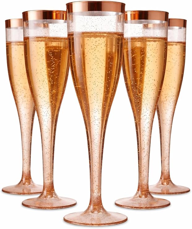 Oojami 30pc Clear Plastic With Rose Gold Glitter Classicware Glass Like Champagne Wedding Parties Toasting Flutes