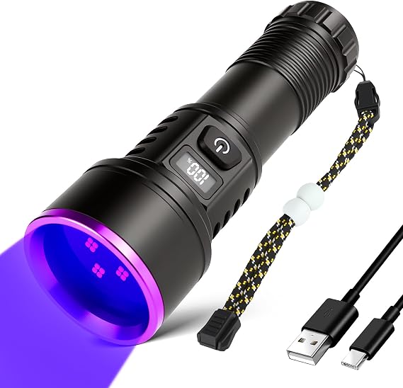 365nm UV Blacklight Flashlight Rechargeable with LCD Display,45w Powerful Black Light Ultraviolet Flashlight for Pet Urine Detection, Rockhounding, Scorpion,Resin Curing, Uranium Glass, A/C Leak