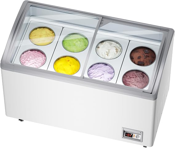 13 Cu.Ft Chest Freezer Commercial Ice Cream Display Case Restaurant Gelato Dipping Cabinet Top Deep Freezer with 8 Large Displayed Tubs, 2 Sliding Glass Doors, Rolling Wheels and Lockable Breaks