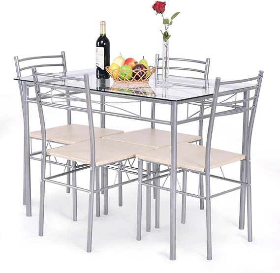 Casart 5 Piece Dining Set Table and 4 Chairs Glass Top Kitchen Breakfast Furniture