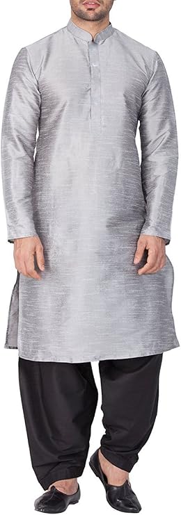 Royal Kurta Men's Silk Blend Pathani Kurta Salwar Set (42, Silver)
