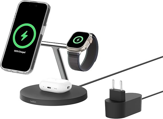 Belkin BoostCharge 3 in 1 Qi2 charger, MagSafe compatible wireless charging station, Apple iPhone 16 Series, Apple Watch, Qi2 Wireless Charger for Anti-Slip Based AirPods, PSU Included - Black
