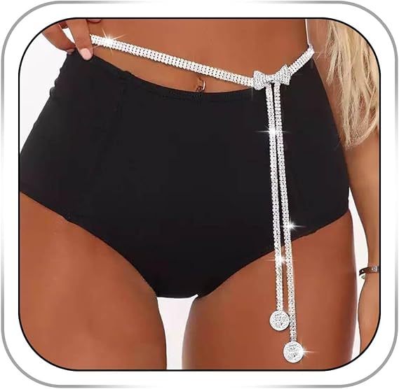 CanB Bow Rhinestone Waist Belt Silver Thin Belts Crystal Chain Belt for Women