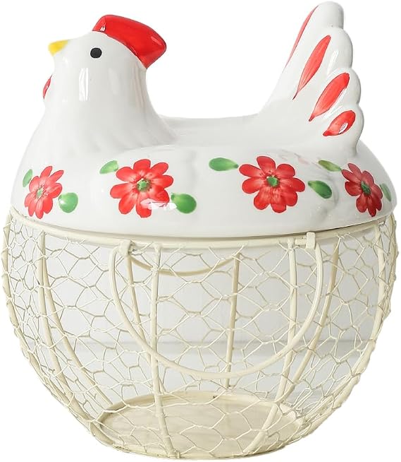 Egg Storage Baskets for Fresh Eggs, Kitchen Countertop Storage Organization Egg Dispenser, Ceramic Chicken Lid with Wire Basket, Holds 20-25 Eggs