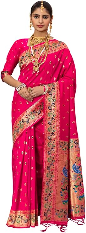 Jaanvi fashion Women's Paithani Silk Saree With Zari Work & Blouse Piece