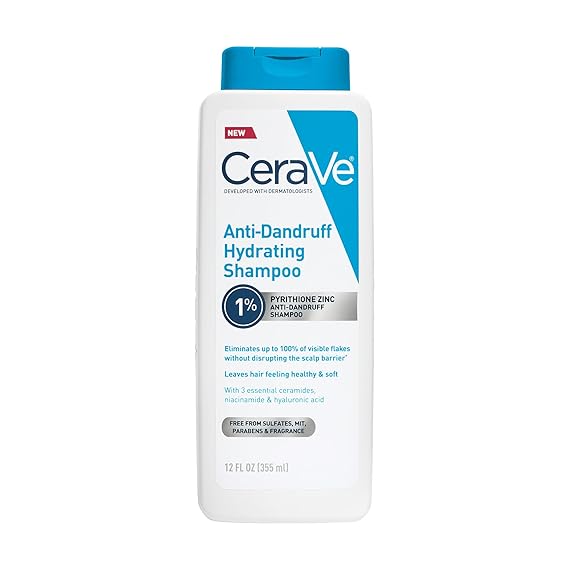 CeraVe Hydrating Anti Dandruff Shampoo, Itchy Scalp Treatment, 12oz | Helps Eliminate Flakes with 1% Pyrithione Zinc, Hyaluronic Acid, Niacinamide and Ceramides In A Sulfate Free Formula
