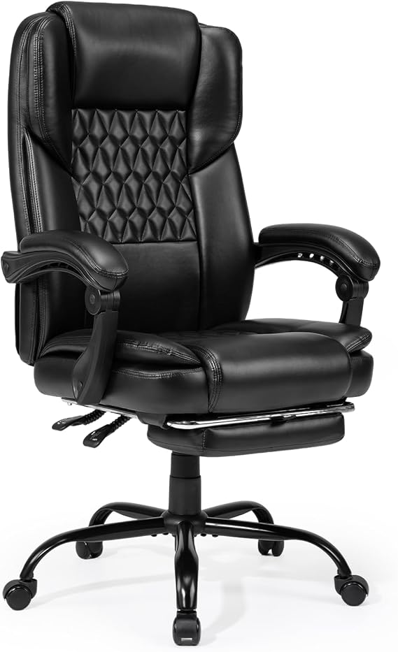 350lbs Big and Tall Executive Office Chair with Footrest, Reclining High Back Leather Desk Chair, Wide Seat with Pocket Spring Lumbar Support and Pillow, Ergonomic Computer Chair for Home Office Black