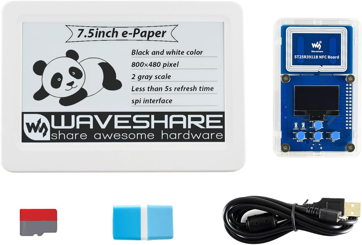 waveshare 7.5inch NFC e-Paper Eval Kit Bundle with 7.5inch NFC-Powered e-Paper ST25R3911B NFC Board Micro Card 16GB Micro Card Reader USB-A to Micro-B Cable5 Items