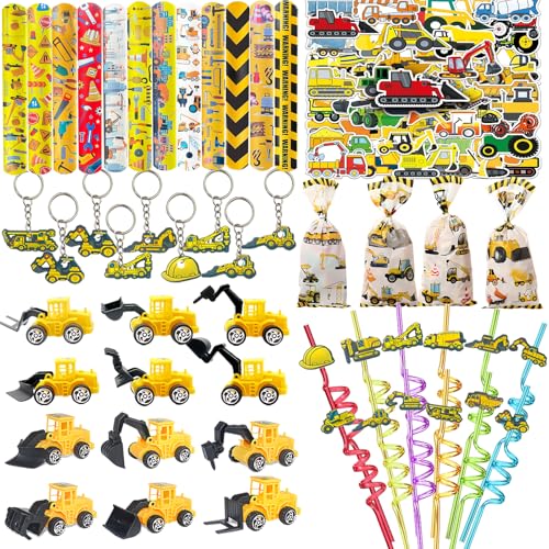 122PCS Construction Party Favors Construction Theme Birthday Party Supplies Mini Engineering Vehicles Slap Bracelet Keychain Party Straw Truck Stickers Bags for Birthday Party Gift