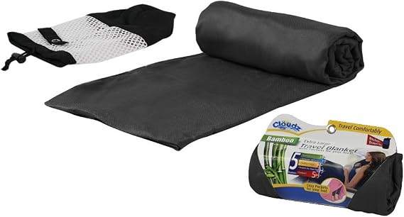 Cloudz Extra Large Airplane Travel Blanket for Your Flight, Car, Camping, Home or Comforting Warmth Anywhere! Includes Warm Cozy Pockets for Your Feet and a Travel Bag - Black