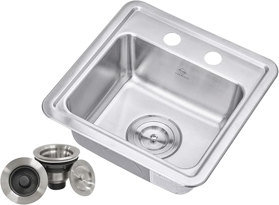 CozyBlock 15 Inch Topmount Kitchen Sink, Heavy Duty 18 Gauge Stainless Steel Bar Sink, ADA Compliant Drop-in Single Bowl Prep Sink for Wet Bar, RV, Clinic Includes Basket Strainer (2 Faucet Holes)