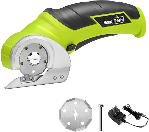 SnapFresh Cordless Electric Scissors, 4V Electric Mini Box Cutter, Carpet & Cardboard Cutter Tool with a Replacement Blade/Charger, Rotary Cutter for Cardboard Packages Leather Plastic (Green)