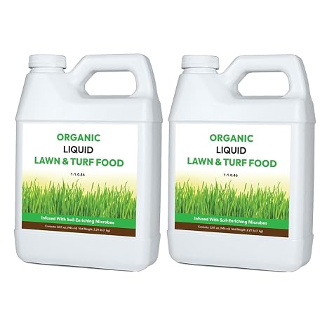 Organic Liquid Lawn & Turf Food - Quickly Rejuvenates Lawn Health and Restores Rich Green Colors to Depleted Grass | Infused with Soil Enriching Microbes (32oz, 2 Pack, Treats Up to 10,000 Sq. Feet)