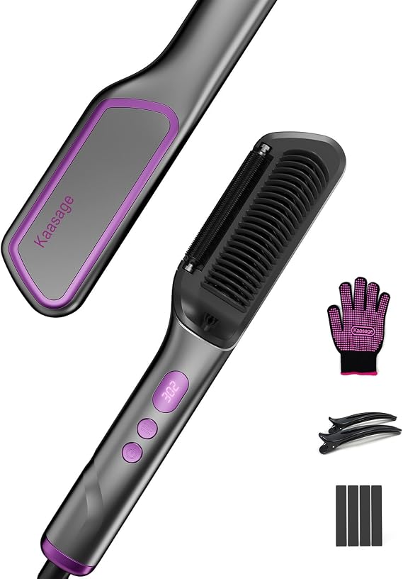 Hair Straightening Brush Hot Oil 9 Temp Ionic Hair Straightener Comb with LED Display, Fast Heating PTC Tech & Heat Shield, Auto Shut-Off Kaasage 2-in-1