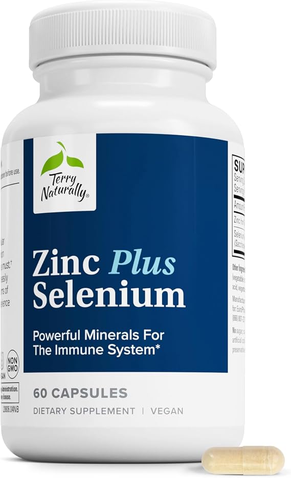 Terry Naturally Zinc Plus Selenium - Respiratory Health - 60 Count | Immune Function, Respiratory Health and Antioxidant Support. 60 capsules.