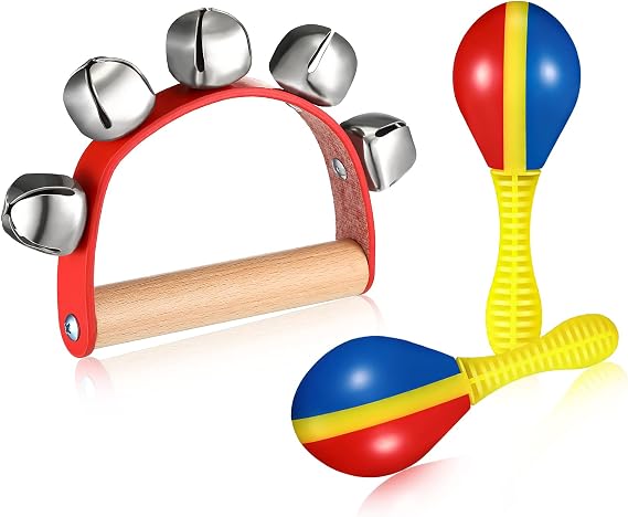 3 Pcs Tambourine Maracas Set, Wooden Hand Sleigh Bells Rattle