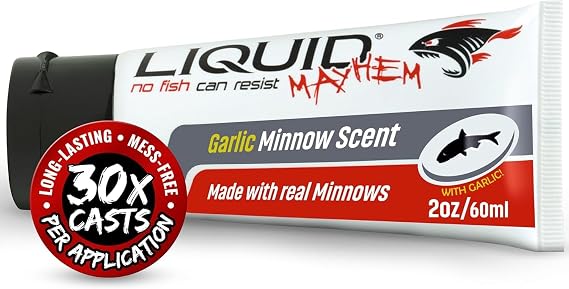 Liquid Mayhem Garlic Minnow Fish Attractant Gel 60 ml / 2 oz 60 Uses Real Anchovy Bait & Aminos | UV-Enhanced Long-Lasting Gel All Lure Types