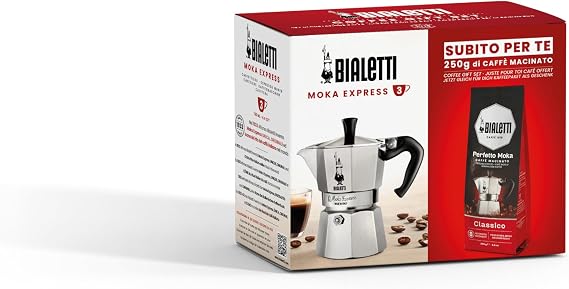 Bialetti 3 Cup Moka Pot and Ground Coffee Bundle 8.8 oz Bag - Italian Medium Roast Rich Barista Style Grounds with a Small Stovetop Espresso Maker Home Brewing Cafe Kitchen Appliance for Daily Use