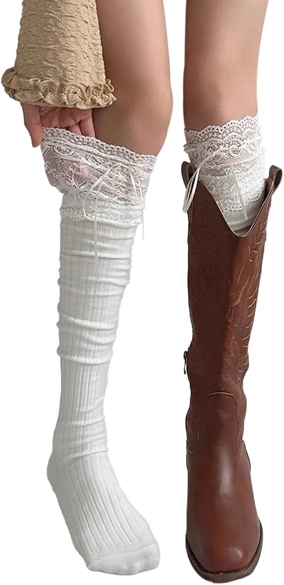 White Knee High Socks, Lace Ruffle Cute Sock Lolita Stockings Kawaii Lace Top Thin Socks for Girl Women