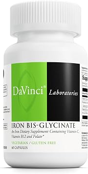 DAVINCI Labs Iron Bis-Glycinate - Gentle Iron Supplement for Women & Men - Help Support Hemoglobin Production & Normal Energy Levels with Vitamin C & More - Vegan - 60 Vegetarian Capsules