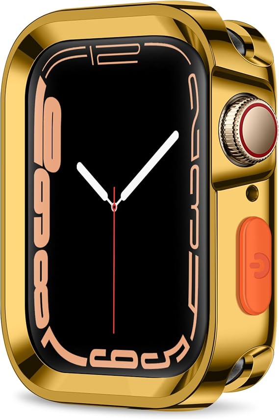 Rugged Case Compatible with Apple Watch Case 45mm 44mm Series 9/8/7/6/5/4/SE3/2/1, Soft Flexible TPU Shockproof Protective Bumper Cover for iWatch 45mm 44mm, Plating Gold