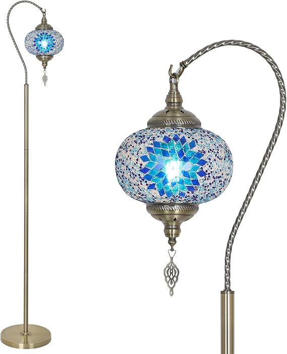 LAMSU Turkish Moroccan Floor Lamp, Tiffany Lamp with Handmade Mosaic Glass Shade, Bronze Base, Swan Neck Tall Standing Lamps for Living Room Bedroom Corner Light Home Decor, Blue