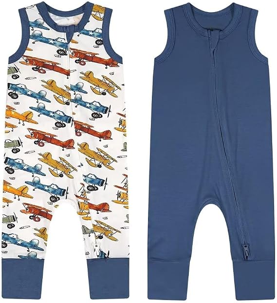 Baby 2 Pack Bamboo Viscose Pajamas Short Sleeve Footless Romper Jumpsuit | Baby Boys Girls 2 Pack Bamboo Viscose Pajamas 2 Way Zipper Sleeveless Footless Romper Jumpsuit Sleep and Play