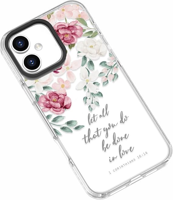 iPhone 17用、聖書の詩 ピンクのバラ フローラルフラワー インスピレーションを与える聖書の引用 コリント人への手紙 16:14 保護ケース ガールズ レディース iPhone 17対応