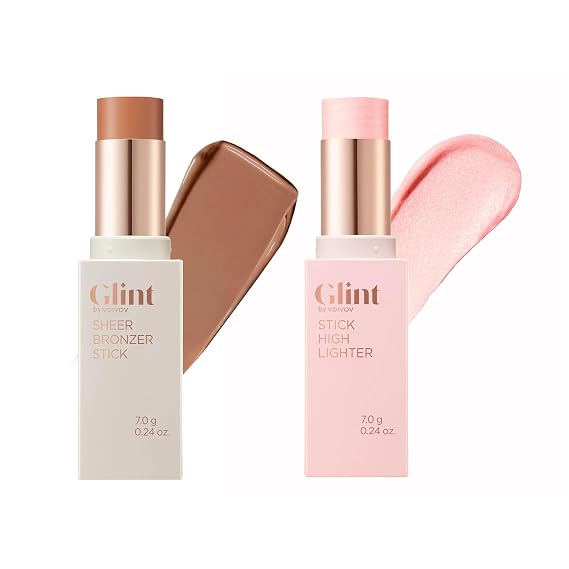 Bronzer & Highlighter Duo Stick Set Caramel Contour Stick + Rosy Moon Illuminator | Buildable, Blendable, Long-Lasting Korean Makeup for Natural Glow & Definition | Eyes, Nose, Lips, Face, Cheeks