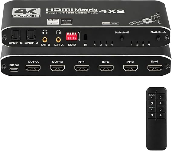 HDMI Matrix Switch 4x2, 4K HDMI Matrix Switcher Splitter 4 in 2 Out Box with EDID Extractor and IR Remote Control Support 4K HDR, HDMI 2.0b, HDCP 2.2, 4K@60Hz, 3D, 1080P