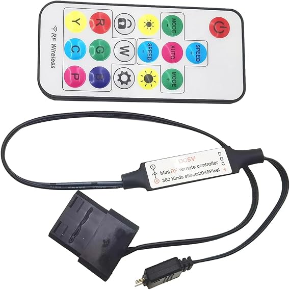 5V mini 3-Pin Molex ARGB Controller for Digital Addressable RGB LEDs with 17keys RF Remote Control