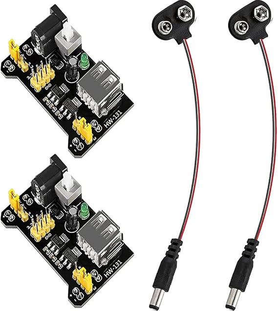 4PCS 3.3V 5V MB102 Breadboard Power Supply Module, with 9V Battery Clip Power Cable 2.1x 5.5mm Male DC Jack Plug DC 6.5-12V USB for Arduino