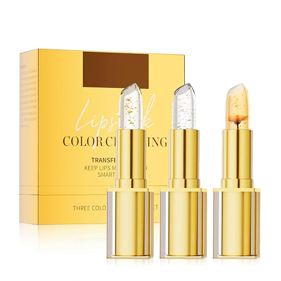 Color Changing Lipstick, Gold Crystal Color Changing Lipstick, Transferproof Colors Changings Transparente Lipsticks, Long Lasting 24 Hours, Moisturizing Glossy Shine Lip Gloss for Women (3pcs)
