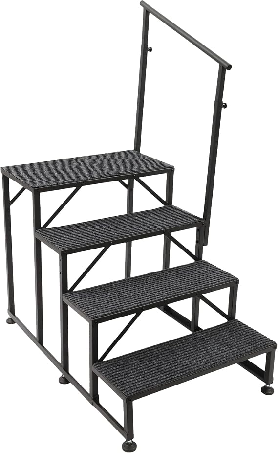 RV Steps with Handrails, 4 Steps Ladder Hot Tub Steps with Anti-Slip Pad, Portable Stairs Steps for Hot Tubs, Campers, Mobile Home Steps Outdoor Step (Single Armrest, 4 Steps - Type C)