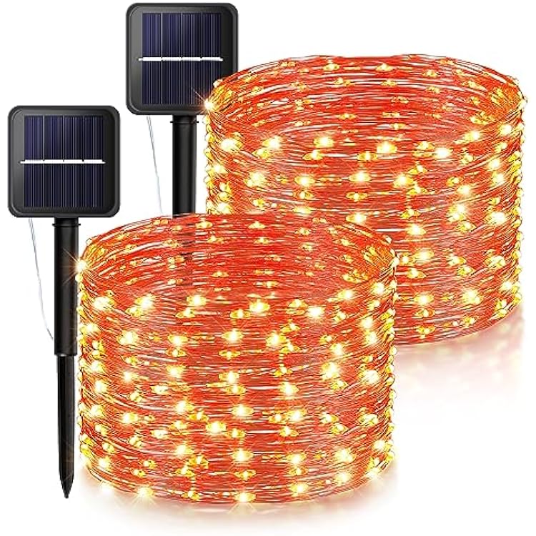Woohaha Solar Halloween Lights Outdoor,2 Pack Each 33Ft 100LED Orange Halloween Lights,Copper Wire Solar Powered Fairy String Lights 8 Modes for Garden,Tree,Thanksgiving,Christmas,Parties,Home Decor
