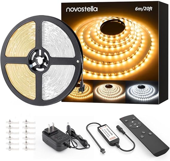 20ft Tunable White LED Strip Lights Dimmable 3000K-6500K 24V with Remote | NOVOSTELLA Daylight Warm White Tape Light Flexible Rope Ribbon for Kitchen Bedroom Home Mirror Bar Cabinet Ceiling Counter