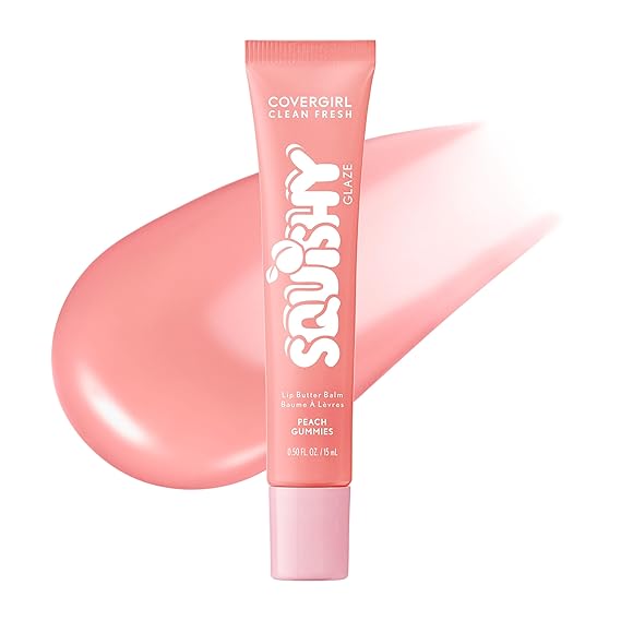 COVERGIRL Clean Fresh Squishy GlazeTM Lip Butter Balm, Flavored, Non-Sticky, with Vitamin E & Shea Butter 180 Peach Gummies (Sheer Peach Pink)