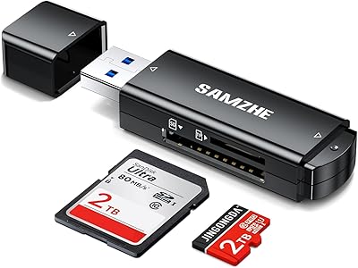 SAMZHE SD Card Reader - Portable USB 3.0 Dual Slot Flash Memory Card Adapter Hub for SDXC, SDHC, MMC, RS-MMC, TF, Micro SDXC, Micro SDHC UHS-I Compatible with Mac, Windows, Linux, Chrome PC, Laptop