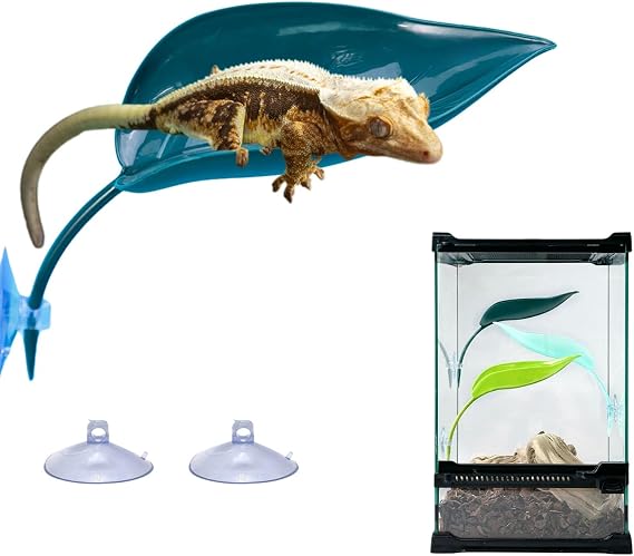 Reptile Hammock with Suction Cups Plastic Leaf Hanging Bed for Crested Gecko Lizard Hideout Climbing Toys Tank Ornament Accessories for Leopard Gecko Tree Frog Snake Amphibian (Dark Green)