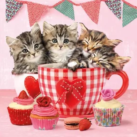 Ambiente Paper Napkins, 3-Ply Cocktail Size, 5" x 5", Cats in Tea Cups, Kittens, Valentine
