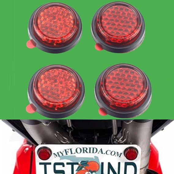 Pack of 4 Red Round Motorcycle Reflective Warning Reflector Universal Motos License Plate Safety Anticollision Kit (3m Style)