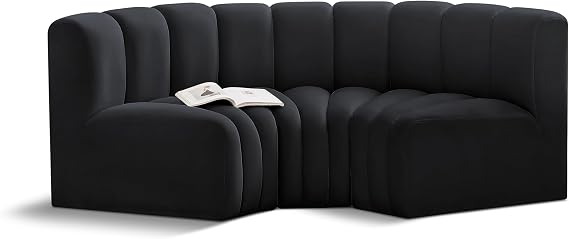 Meridian Furniture 103Black-S3C Arc Collection Modern | Contemporary Modular Sofa with Soft Black Velvet, Deep Channel Tufting, Modular Design, 80" W x 37" D x 30" H, Black