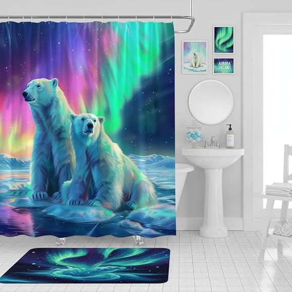 Polar Bear Shower Curtain, Winter Night Starry Sky 70 x 70