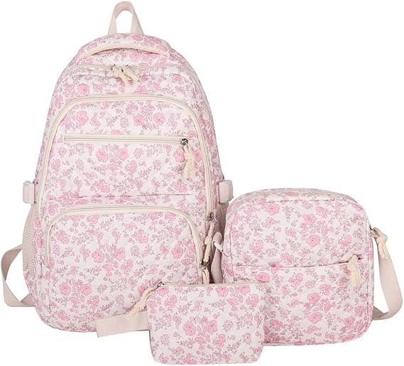 HiTotes Floral Backpack 3Pcs Coquette Quilted Backpack Cute College Laptop Rucksack for Women Fashion Travel Daypack