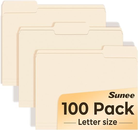 SUNEE Manilla Folders Letter Size (8.5 x 11 inches),100 Per Box, 1/3 Cut Tab for Easy Labeling and Organization, Durable Standard Paper for Home, Office, School Filing