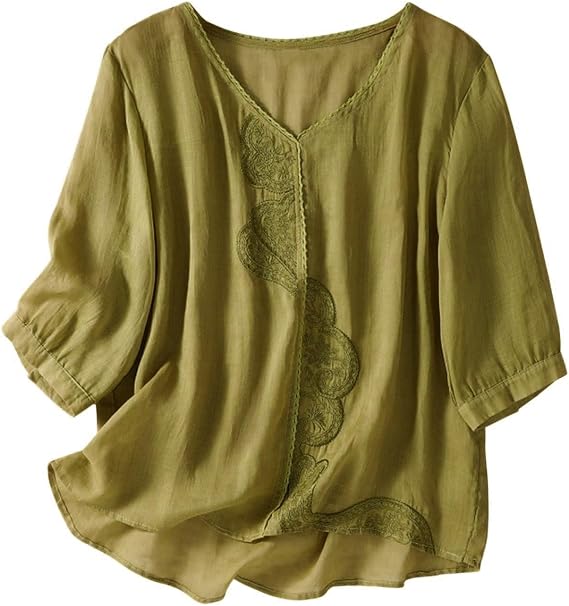 SHAOBGE Embroidered Cotton Linen Tops for Women 3/4 Sleeve Summer Boho Peasant Gauze Blouses Dressy Casual Bohemian Shirts